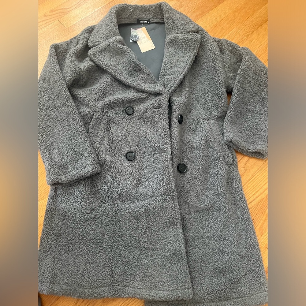 Gray Double-Breasted Pea Coat with Notched Lapel jacket